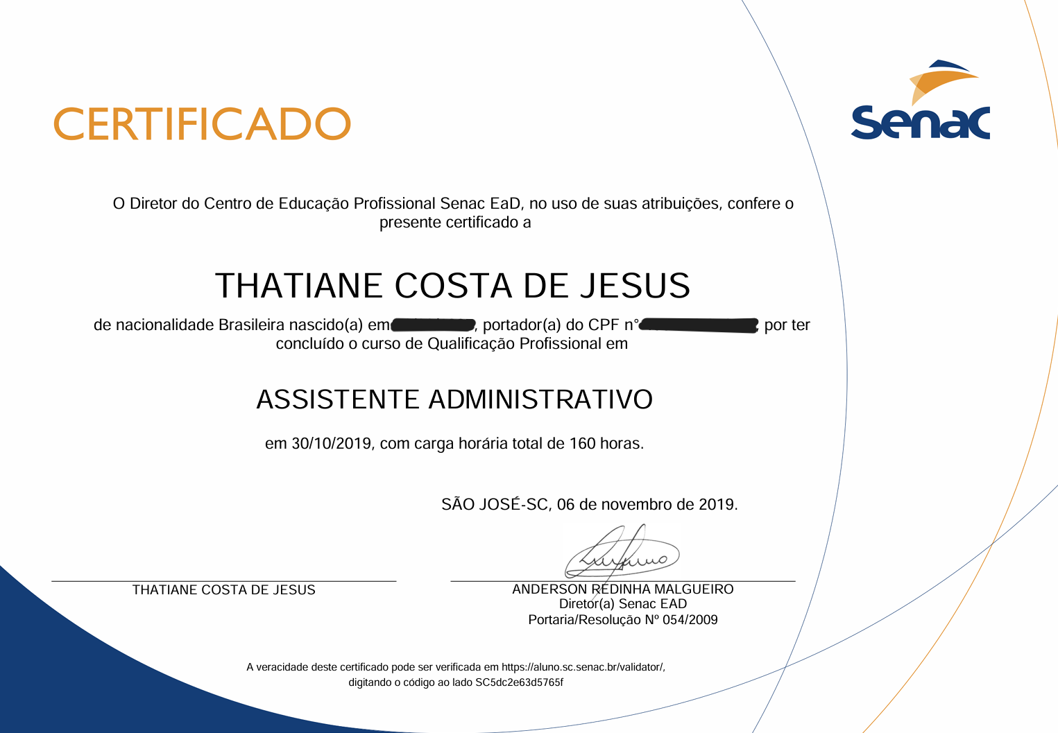 Certificado Senac Assistente Administrativo